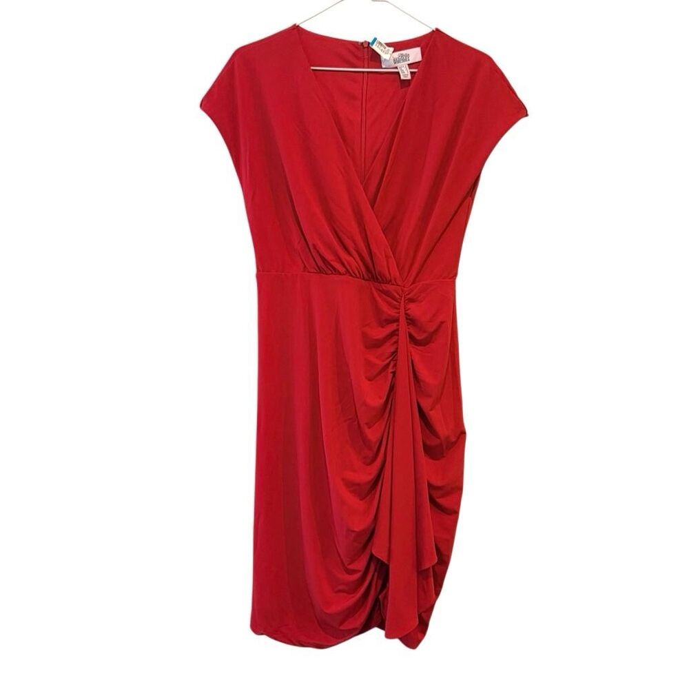 Belle Badgley Mischka Faux Wrap Cap Sleeve Ruched Sheath Dress Red Size 4
